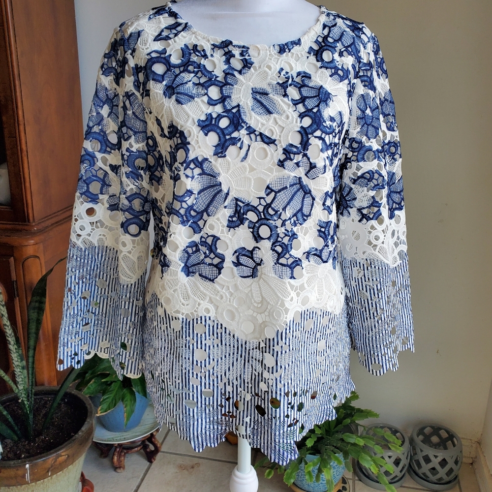 Chico's OP Asymmetrical 3/4 Sleeve Blouse in White and Cream
